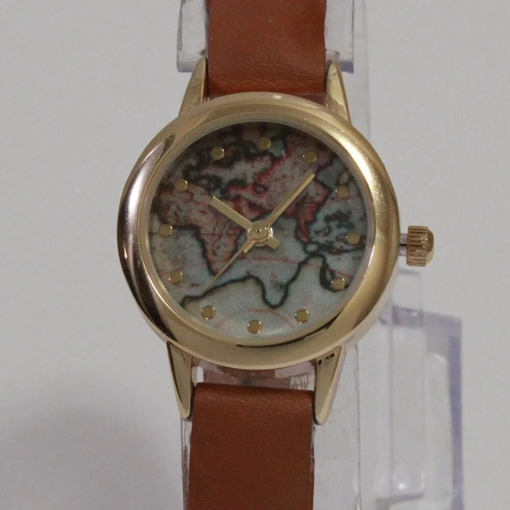 Accutime Ladies Casual Quartz Watch Map Dial Gold Tune Braided Strap 24mm